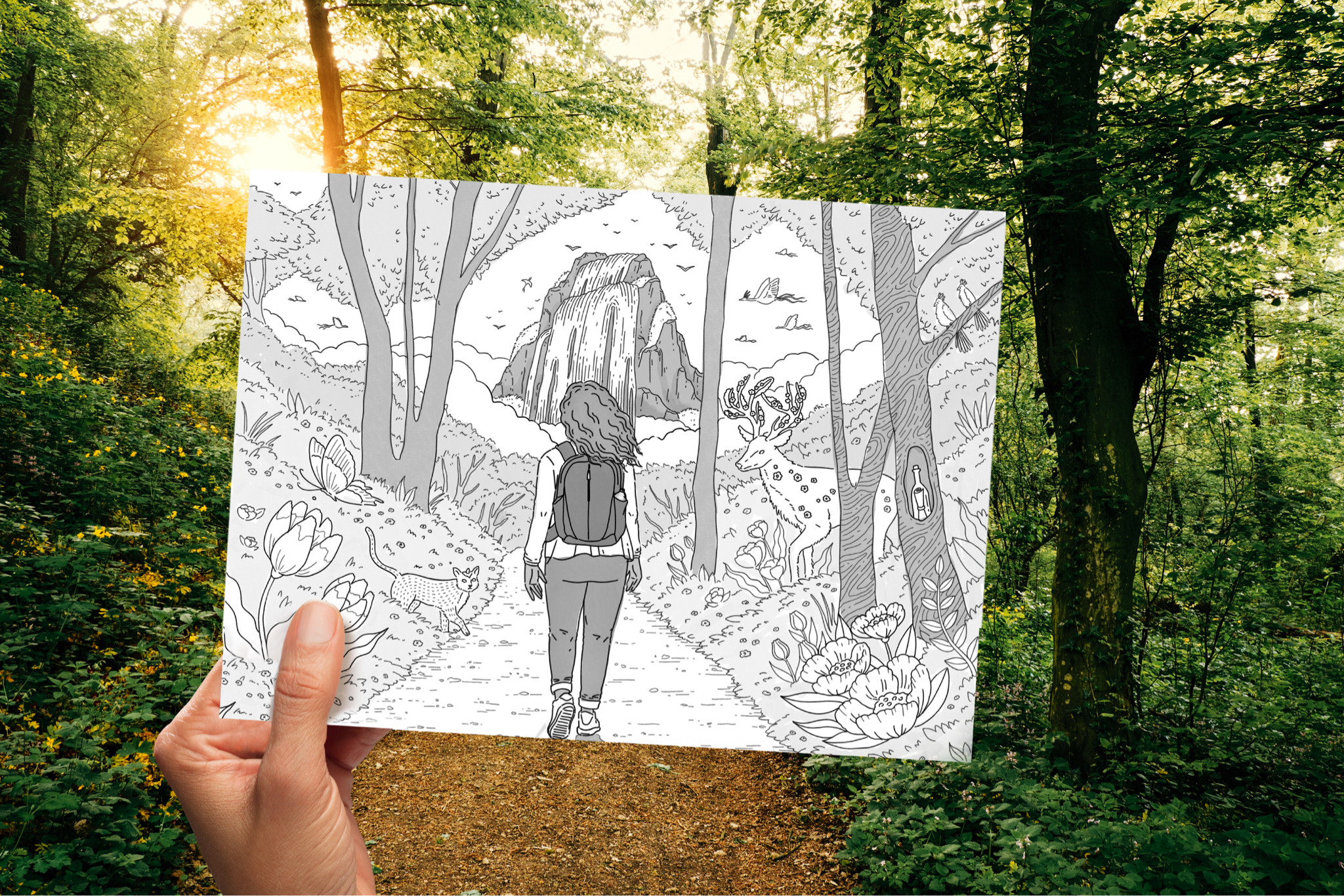 Drawing of person walking through woods matching perspective of view